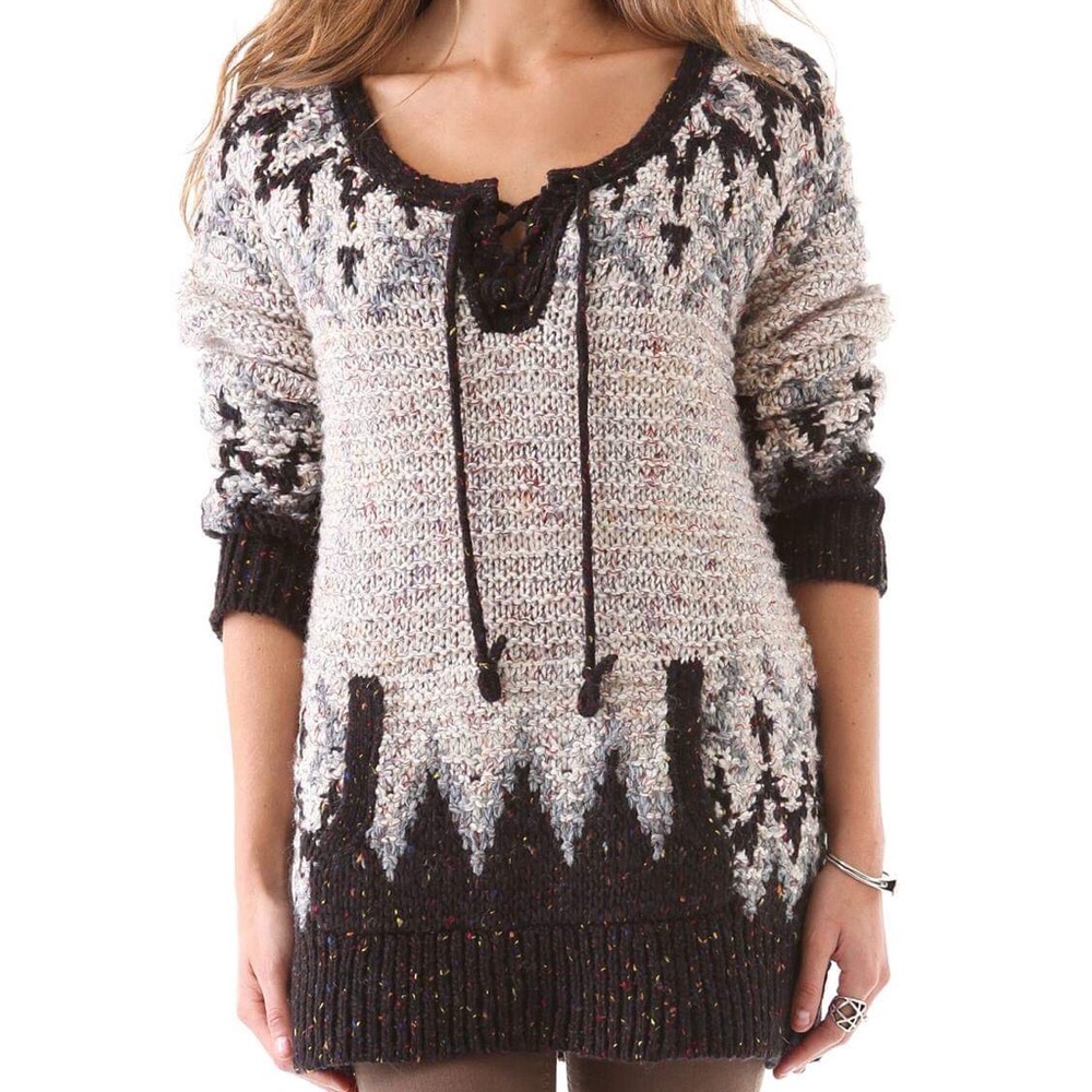 Free People Marled Cream and Black Lace-Up Scoop Neck Sweater